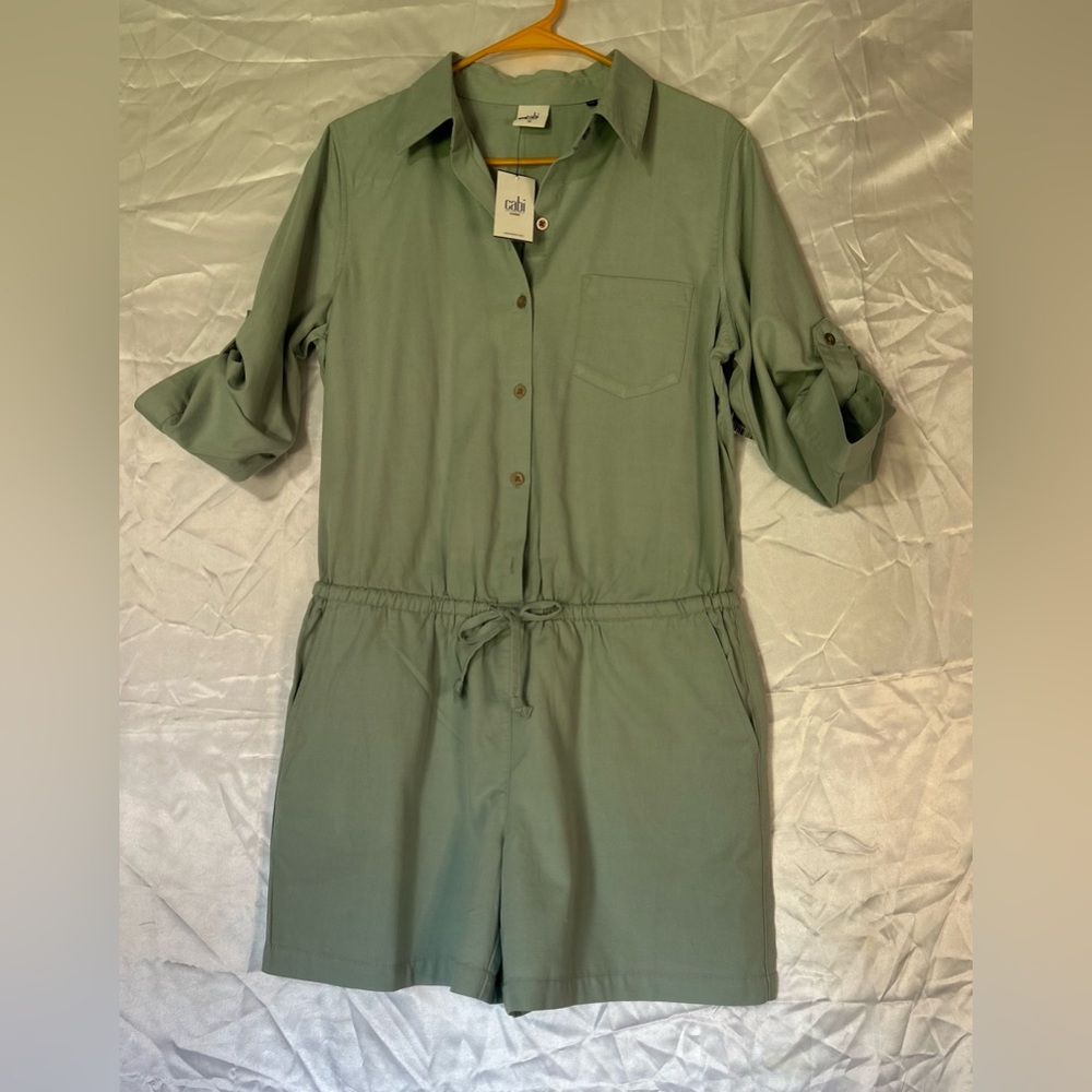 Cabi Alexa Safari Twill Romper, Sz Medium, 3/4 Sleeves Buttons Blue Green NWT